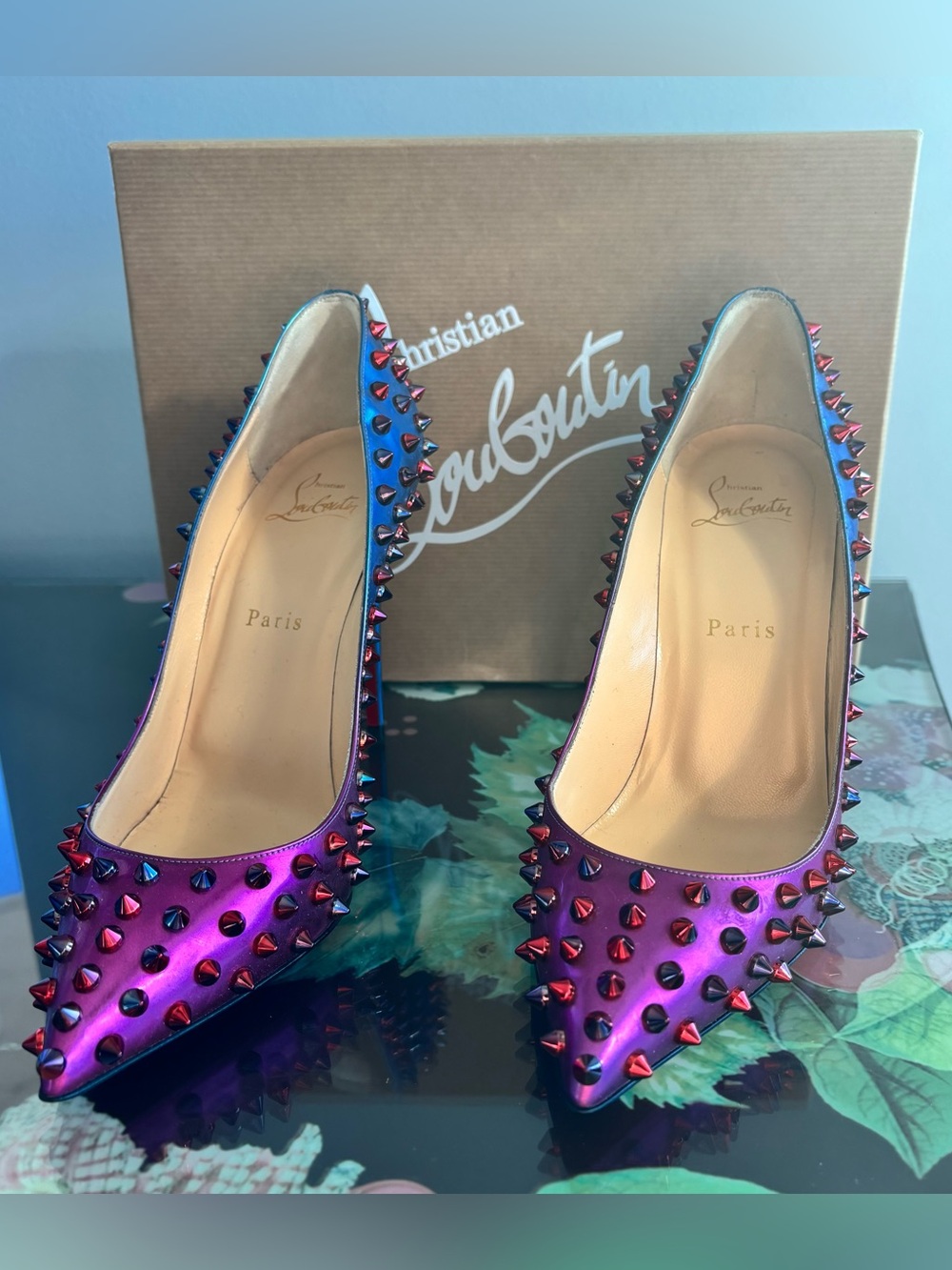 Christian Louboutin Follies Spikes 100 Patent Scarabe Pointed Pumps Size 38.5
